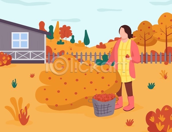 성인 성인여자한명만 여자 한명 EPS 일러스트 해외이미지 가을(계절) 들기 바구니 서기 수확 식물 얼굴없음 열매 울타리 전신 주택 주황색