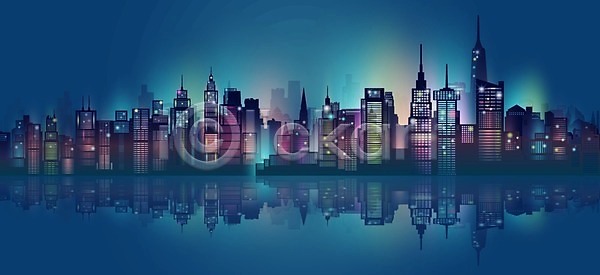 사람없음 EPS 일러스트 해외이미지 가득함 강 건물 고층빌딩 네온 도시 반사 반짝임 빛 스카이라인 와이드컷 파란색