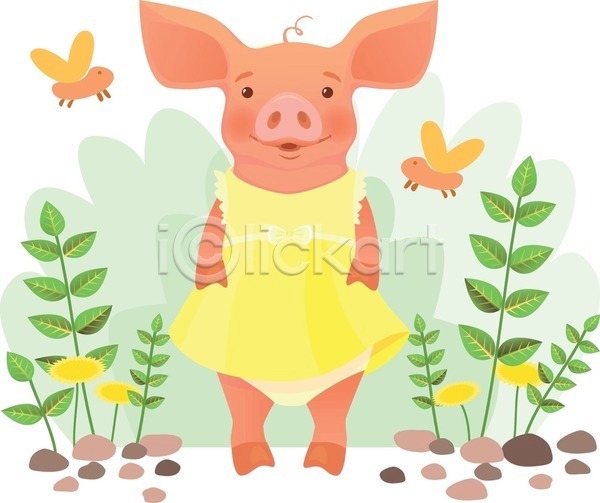 귀여움 사람없음 EPS 일러스트 해외이미지 곤충 돌 돼지 돼지캐릭터 드레스 미소(표정) 민들레 잎 한마리