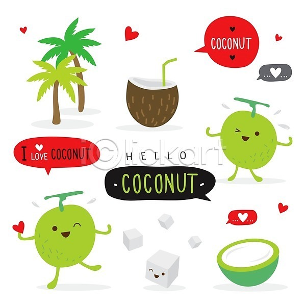 떨어짐 사람없음 EPS 일러스트 해외이미지 미소(표정) 슬라이스 캐릭터 코코넛 코코넛과육 코코넛나무 코코넛주스