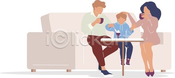 남자 성인 세명 소년 어린이 여자 EPS 일러스트 해외이미지 들기 소파 숟가락 쓰다듬기 아들 아빠 아이스크림 앉기 얼굴없음 엄마 전신 커피잔 컵 탁자