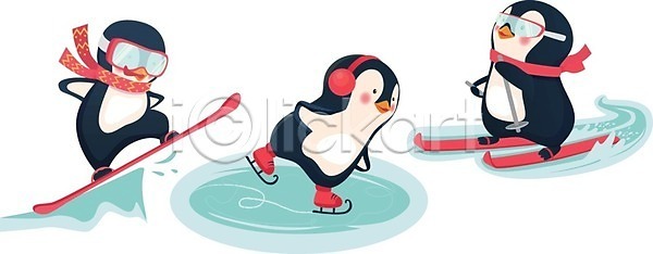 사람없음 EPS 일러스트 해외이미지 겨울 고글 동물캐릭터 목도리 스노우보드 스케이트 스키 스키타기 점프 팔벌리기 펭귄 펭귄캐릭터