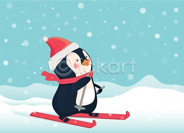 사람없음 EPS 일러스트 해외이미지 겨울 고글 동물캐릭터 목도리 산타모자 스키 스키타기 펭귄 펭귄캐릭터
