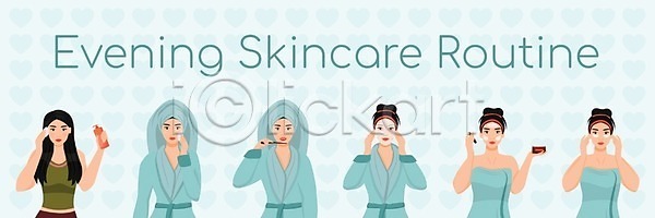 순서 20대 백인 사람 성인 여자 EPS 일러스트 해외이미지 1 가면 고립 단계 돌봄 디자인 디테일 만화 모델 백그라운드 붓 세트 수분크림 아침 애니메이션 얼굴 웹 유럽 일러캐릭터 일상 저녁 조립 치료 치아 캐릭터 테라피 플랫 피부 피부관리 해외일러스트 흰색
