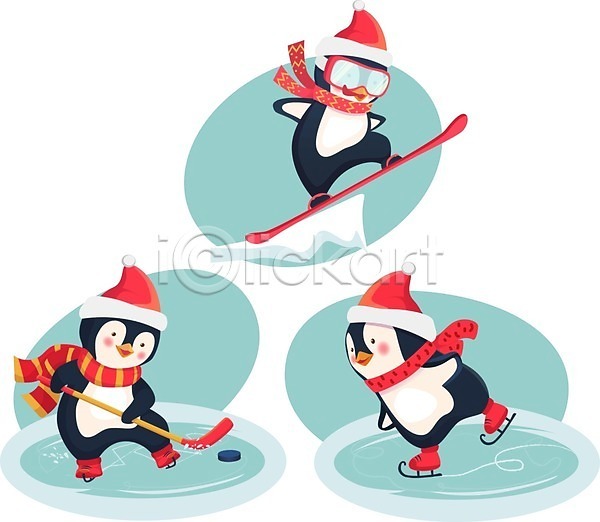 사람없음 EPS 일러스트 해외이미지 겨울 고글 동물캐릭터 목도리 산타모자 스노우보드 스케이트 아이스하키 잡기 점프 팔벌리기 퍽 펭귄 펭귄캐릭터 하키채