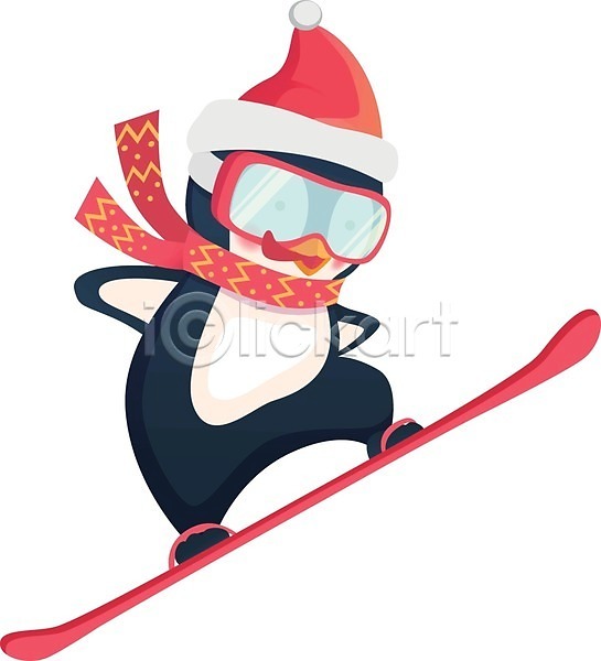 사람없음 EPS 일러스트 해외이미지 겨울 고글 동물캐릭터 목도리 산타모자 스노우보드 점프 팔벌리기 펭귄 펭귄캐릭터