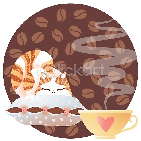 귀여움 사람없음 EPS 일러스트 해외이미지 갈색 고양이캐릭터 베개 연기 원두 원형 잠 커피잔