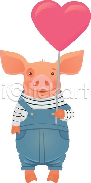 귀여움 사람없음 EPS 일러스트 해외이미지 돼지 돼지캐릭터 들기 멜빵바지 미소(표정) 하트 한마리