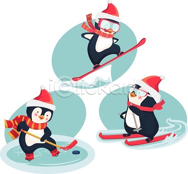 사람없음 EPS 일러스트 해외이미지 겨울 고글 동물캐릭터 목도리 산타모자 서기 스노우보드 스키 스키타기 아이스하키 얼음 잡기 점프 팔벌리기 퍽 펭귄 펭귄캐릭터 폴 하키채 헬멧