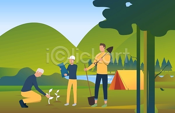 남자 성인 성인남자만 세명 EPS 일러스트 해외이미지 나무 들기 무릎구부리기 물뿌리개 삽 숲 심기 텐트