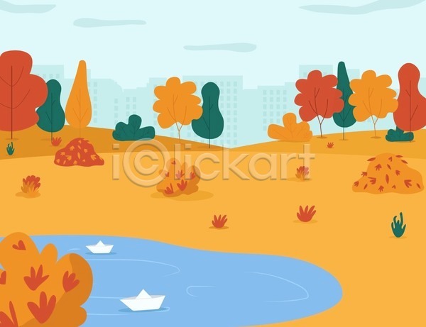 사람없음 EPS 일러스트 해외이미지 가을(계절) 건물 구름(자연) 낙엽 단풍나무 무더기 백그라운드 연못 종이배 주황색 풀(식물) 풍경(경치)