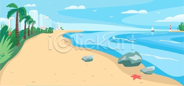 사람없음 EPS 일러스트 해외이미지 모래 모래사장 바다 수평선 심플 야외 여름(계절) 여행 튜브 파라다이스 파라솔 풍경(경치) 하늘 해변 휴양지
