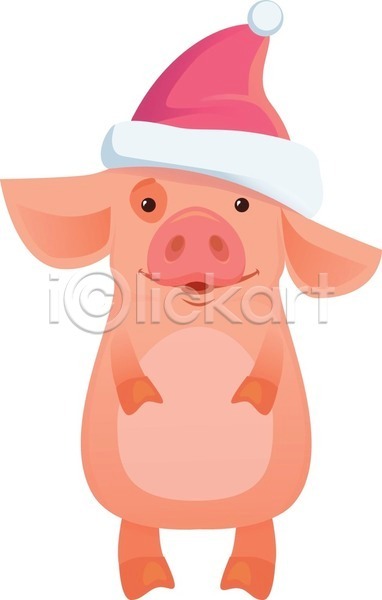 귀여움 사람없음 EPS 일러스트 해외이미지 돼지 돼지캐릭터 미소(표정) 산타모자 한마리