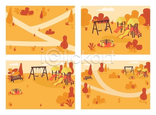 사람없음 EPS 일러스트 해외이미지 가을(계절) 구름(자연) 그네 놀이기구 놀이터 단풍나무 미끄럼틀 백그라운드 벤치 산책로 세트 주황색 풀(식물)