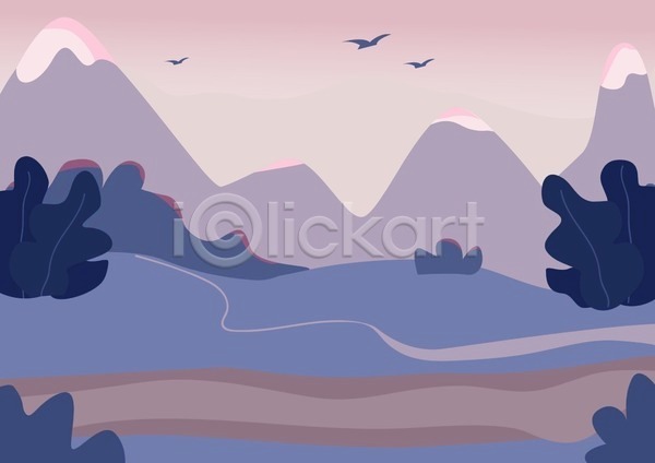 사람없음 EPS 일러스트 해외이미지 보라색 산 심플 야외 언덕 자연 저녁 조류 풍경(경치) 하늘