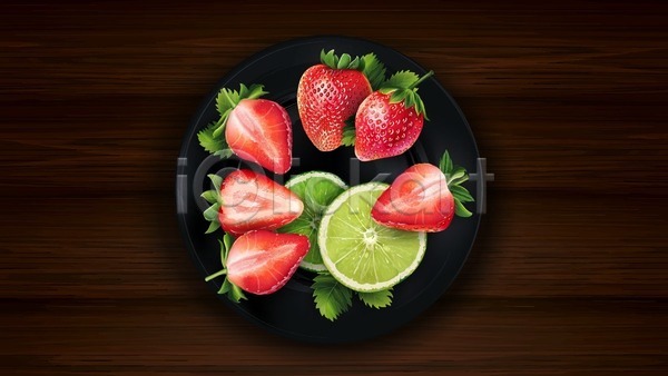 사람없음 EPS 일러스트 해외이미지 디저트 딸기 라임 재료 접시 조각 탁자