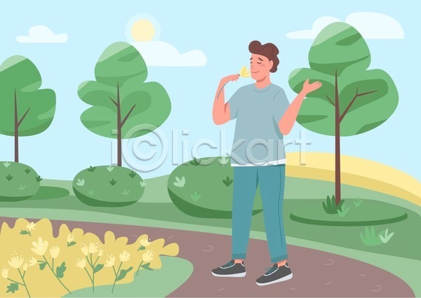남자 성인 성인남자한명만 한명 EPS 일러스트 해외이미지 공원 구름(자연) 꽃 꽃밭 나무 냄새 들기 서기 식물 잎 전신 초록색 태양 향기