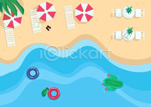 휴식 사람없음 EPS 일러스트 해외이미지 모래사장 바다 심플 야외 여름(계절) 여행 튜브 파라솔 풍경(경치) 해변 휴가 휴양지