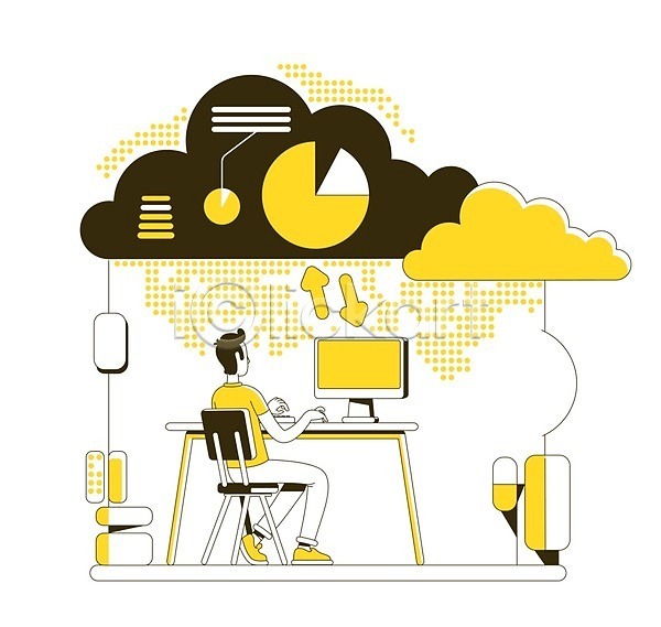 남자 성인 성인남자한명만 한명 EPS 일러스트 해외이미지 구름(자연) 그래프 노란색 라인아트 비즈니스 앉기 업무 의자 전신 컴퓨터 클라우드서비스 타이핑 탁자