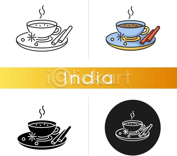 사람없음 EPS 라인아이콘 일러스트 해외이미지 세트 원형 인도(나라) 인도음식 차(음료) 찻잔 컵받침 팔각회향