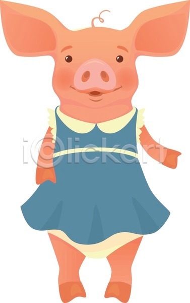 귀여움 사람없음 EPS 일러스트 해외이미지 돼지 돼지캐릭터 미소(표정) 손들기 원피스 한마리