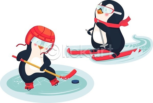 사람없음 EPS 일러스트 해외이미지 겨울 고글 동물캐릭터 목도리 서기 스노우보드 스키 스키타기 아이스하키 얼음 잡기 점프 팔벌리기 퍽 펭귄 펭귄캐릭터 폴 하키채 헬멧