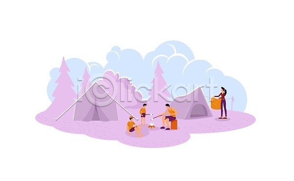 남자 성인 소녀(어린이) 소년 어린이 여러명 여자 EPS 일러스트 해외이미지 가족 굽기 들기 마시멜로우 분홍색 서기 앉기 캠핑 텐트