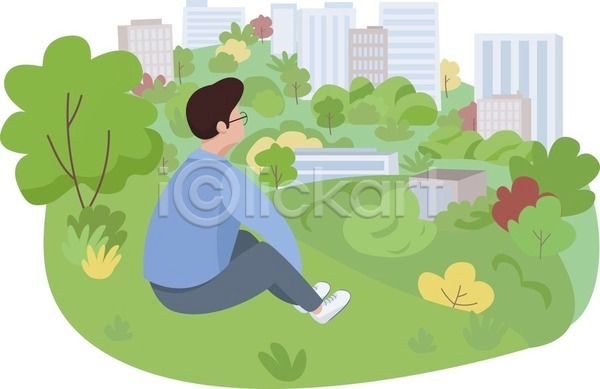 남자 성인 성인남자한명만 한명 EPS 일러스트 해외이미지 건물 나무 나뭇가지 도시 서기 식물 앉기 웅크림 응시 잎 전신