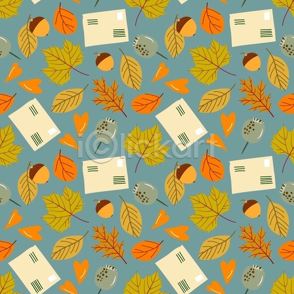 사람없음 EPS 일러스트 해외이미지 가을(계절) 낙엽 단풍 도토리 엽서 주황색 패턴 패턴백그라운드 편지 편지봉투 하늘색