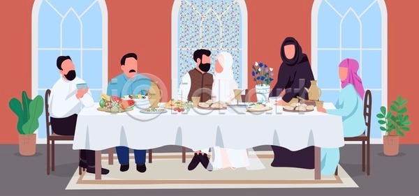 남자 성인 성인만 여러명 여자 EPS 일러스트 해외이미지 결혼 결혼식 들기 서기 식탁 신혼부부 앉기 웨딩드레스 의자 이슬람교 전신 창문 히잡