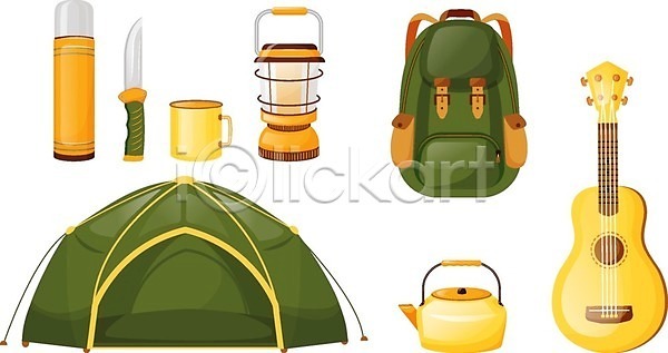 사람없음 EPS 일러스트 해외이미지 기타 나이프 램프 머그컵 배낭 보온병 손전등 주전자 캠핑 텐트