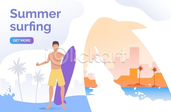 남자 성인 성인남자한명만 한명 EPS 일러스트 해외이미지 도시 들기 디자인 서퍼 서핑 서핑보드 수영복 여름(계절) 전신 파도 파란색 포즈 휴가