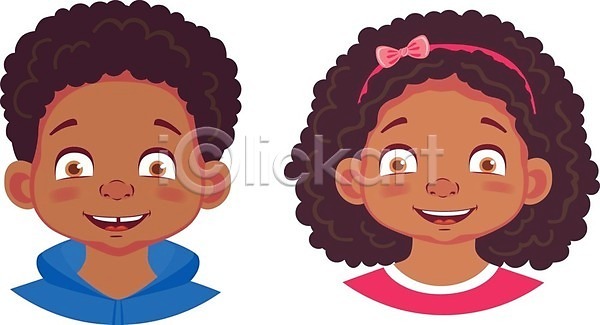 남자 두명 소녀(어린이) 소년 어린이 어린이만 여자 EPS 일러스트 해외이미지 감정 미소(표정) 상반신 세트 인물캐릭터 표정