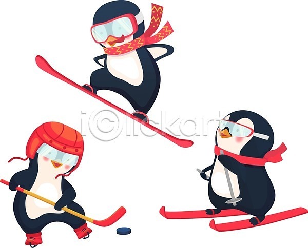 사람없음 EPS 일러스트 해외이미지 겨울 고글 동물캐릭터 목도리 서기 스노우보드 스키 스키타기 아이스하키 얼음 잡기 점프 팔벌리기 퍽 펭귄 펭귄캐릭터 폴 하키채 헬멧