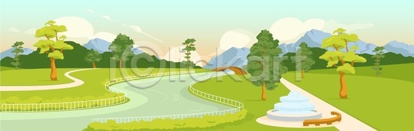 사람없음 EPS 일러스트 해외이미지 강 공원 나무 벤치 분수(분수대) 초록색