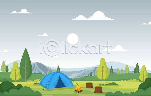 사람없음 EPS 일러스트 해외이미지 모닥불 숲 캠핑 텐트 하늘