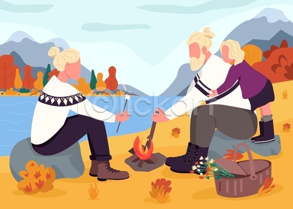 함께함 남자 노년 세명 소녀(어린이) 어린이 여자 EPS 일러스트 해외이미지 가을(계절) 가족 강가 꽃 나뭇가지 단풍나무 들기 마시멜로우 모닥불 바위(돌) 산 서기 소풍바구니 안기 앉기 전신 캠핑 풀(식물)