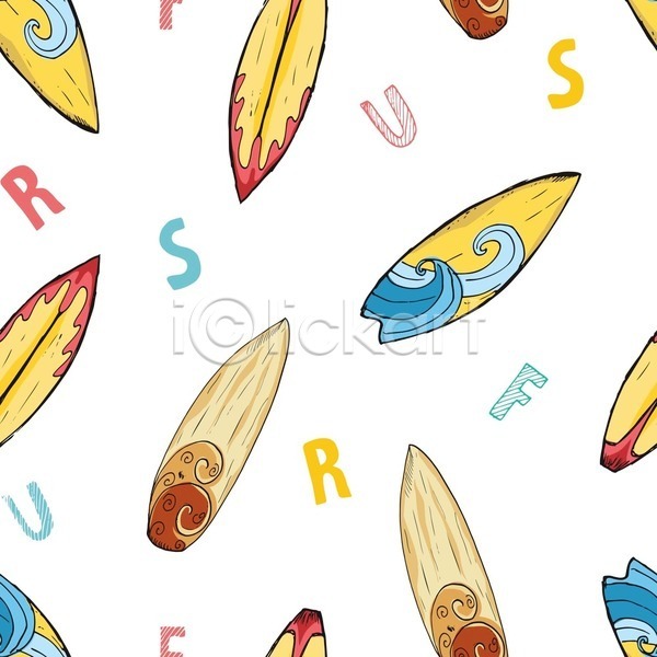 사람없음 EPS 일러스트 해외이미지 서핑 서핑보드 손그림 알파벳 컬러풀 파도 패턴