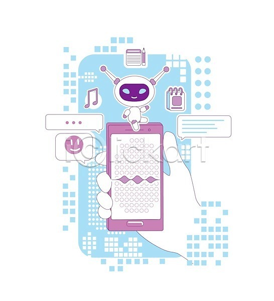 신체부위 EPS 일러스트 해외이미지 AI(인공지능) 들기 로봇 말풍선 메시지 보라색 손 스마트폰 잡기 채팅 캐릭터 하늘색