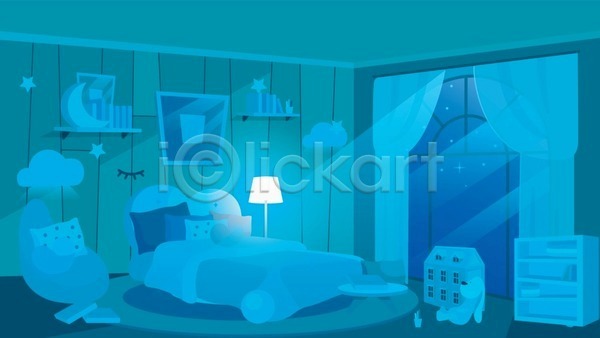 사람없음 EPS 일러스트 해외이미지 가구 구름모양 램프 방 베개 빛 심플 야간 어둠 창문 침대 침실 커튼 쿠션 파란색