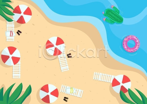 사람없음 EPS 일러스트 해외이미지 모래사장 바다 야외 여름(계절) 튜브 파라솔 풍경(경치) 해변 휴가 휴양지