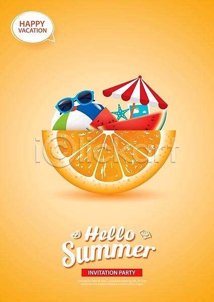 사람없음 EPS 일러스트 해외이미지 불가사리 비치볼 선글라스 수박 여름(계절) 영어 오렌지 주황색 파라솔 포스터