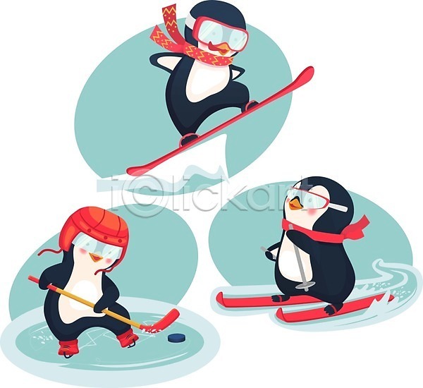 사람없음 EPS 일러스트 해외이미지 겨울 고글 동물캐릭터 목도리 서기 스노우보드 스키 스키타기 아이스하키 얼음 잡기 점프 퍽 펭귄 펭귄캐릭터 폴 하키채 허리손 헬멧