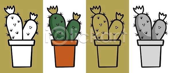 EPS 실루엣 일러스트 해외이미지 4 검은색 꽃 날카로움 냄비 만화 미소 선인장 세트 식물 우표 자연 척추 초록색 해외일러스트