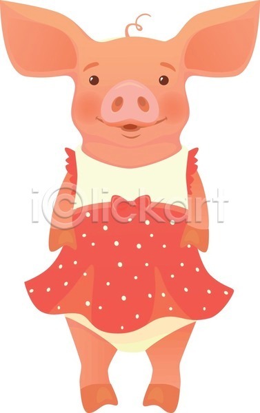 귀여움 사람없음 EPS 일러스트 해외이미지 돼지 돼지캐릭터 미소(표정) 원피스 한마리