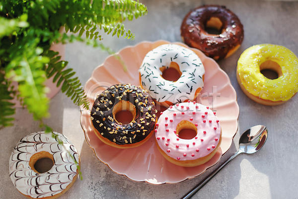 사람없음 JPG 포토 해외이미지 도넛 디저트 숟가락 실내 여러개 접시 풀(식물)