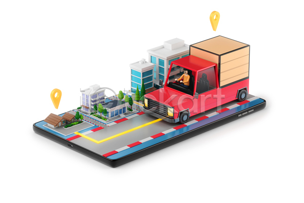 사람없음 3D JPG 해외이미지 도로 배송 상자 서비스 스마트폰 운전사 짐차 화물