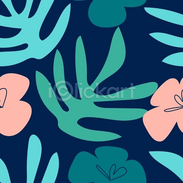 시원함 사람없음 EPS 일러스트 해외이미지 남색 백그라운드 보테니컬아트 여름(계절) 열대꽃 열대잎 패턴 패턴백그라운드