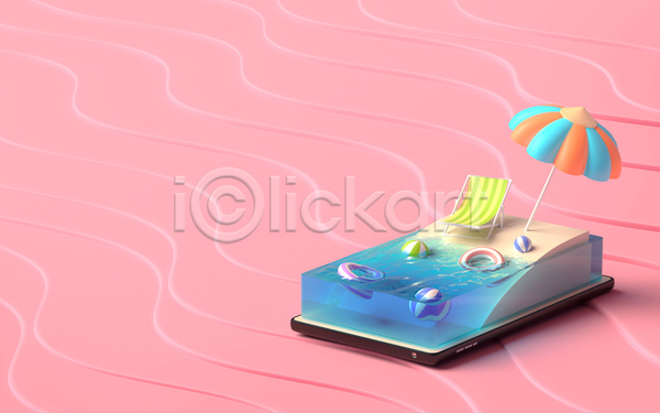 휴식 사람없음 3D JPG 해외이미지 바다 분홍색 비치볼 비치의자 선베드 스마트폰 튜브 파라솔 해변