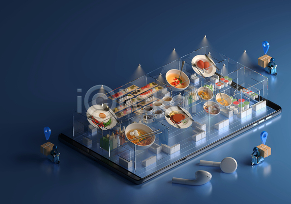 사람없음 3D JPG 해외이미지 모바일 무선이어폰 배달원 배달음식 서비스 스마트폰 스테이크 온라인 음식배달